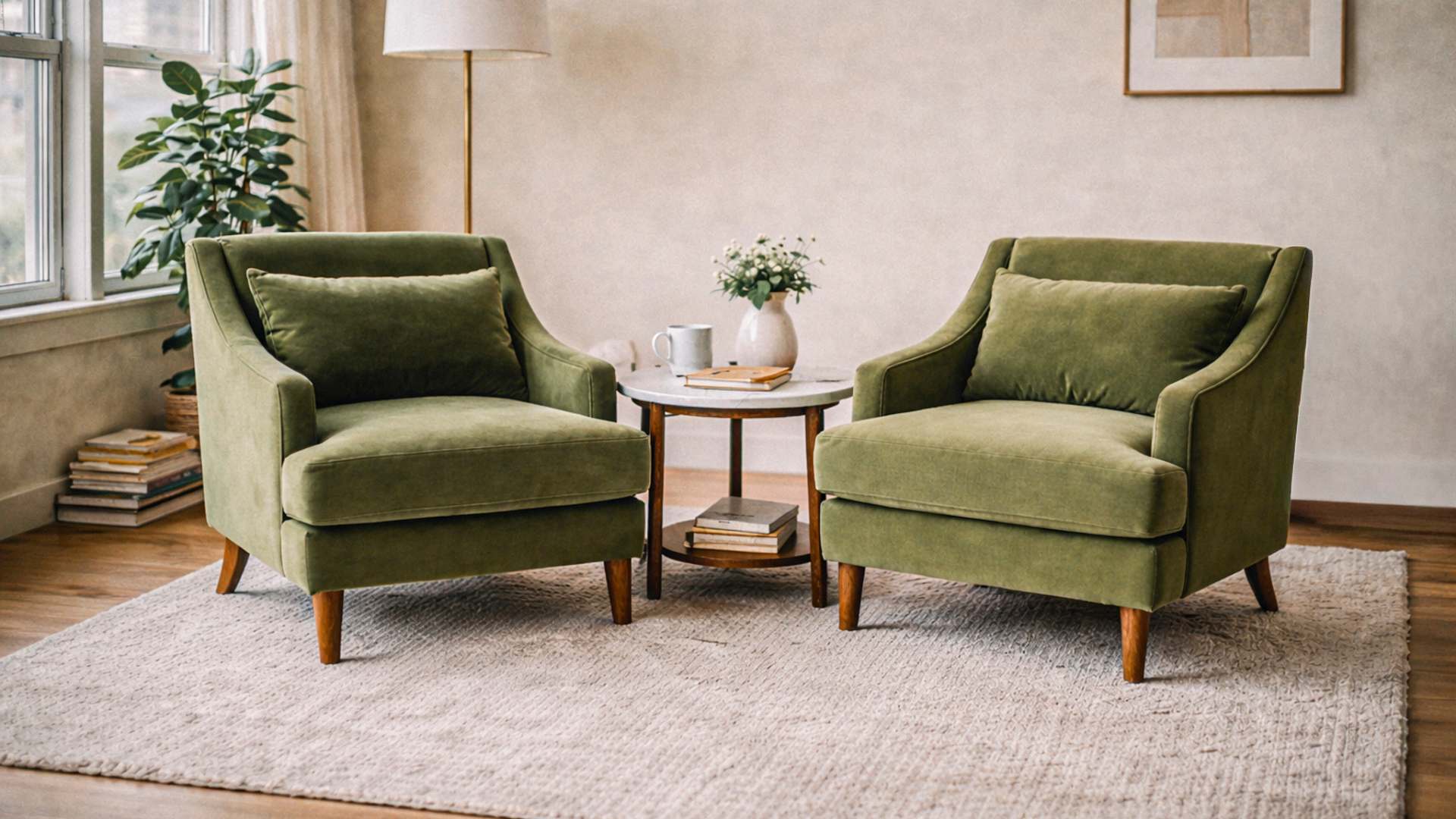 olive accent chair apartment set up